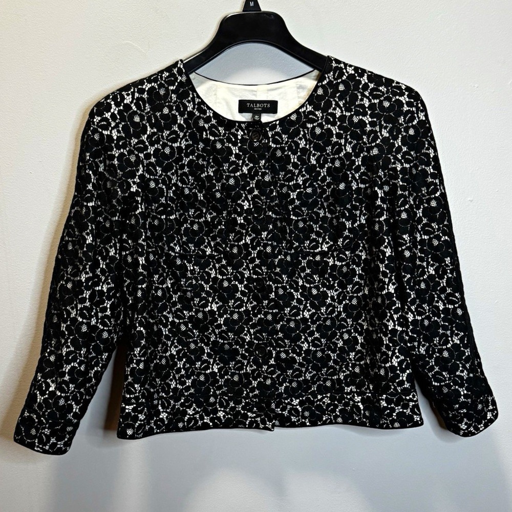 Talbots Petites Cropped Jacket Women's 16P Black White Floral Lace Button Lined